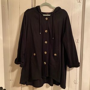 Black Hooded Swing Coat with Buttons